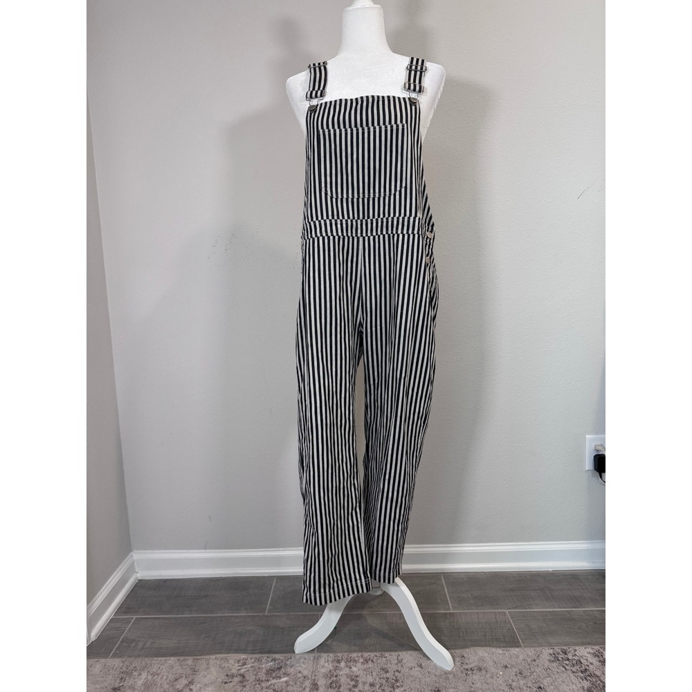 Kittenish Overalls Womens L Black White Striped Denim Straight Leg Excellent